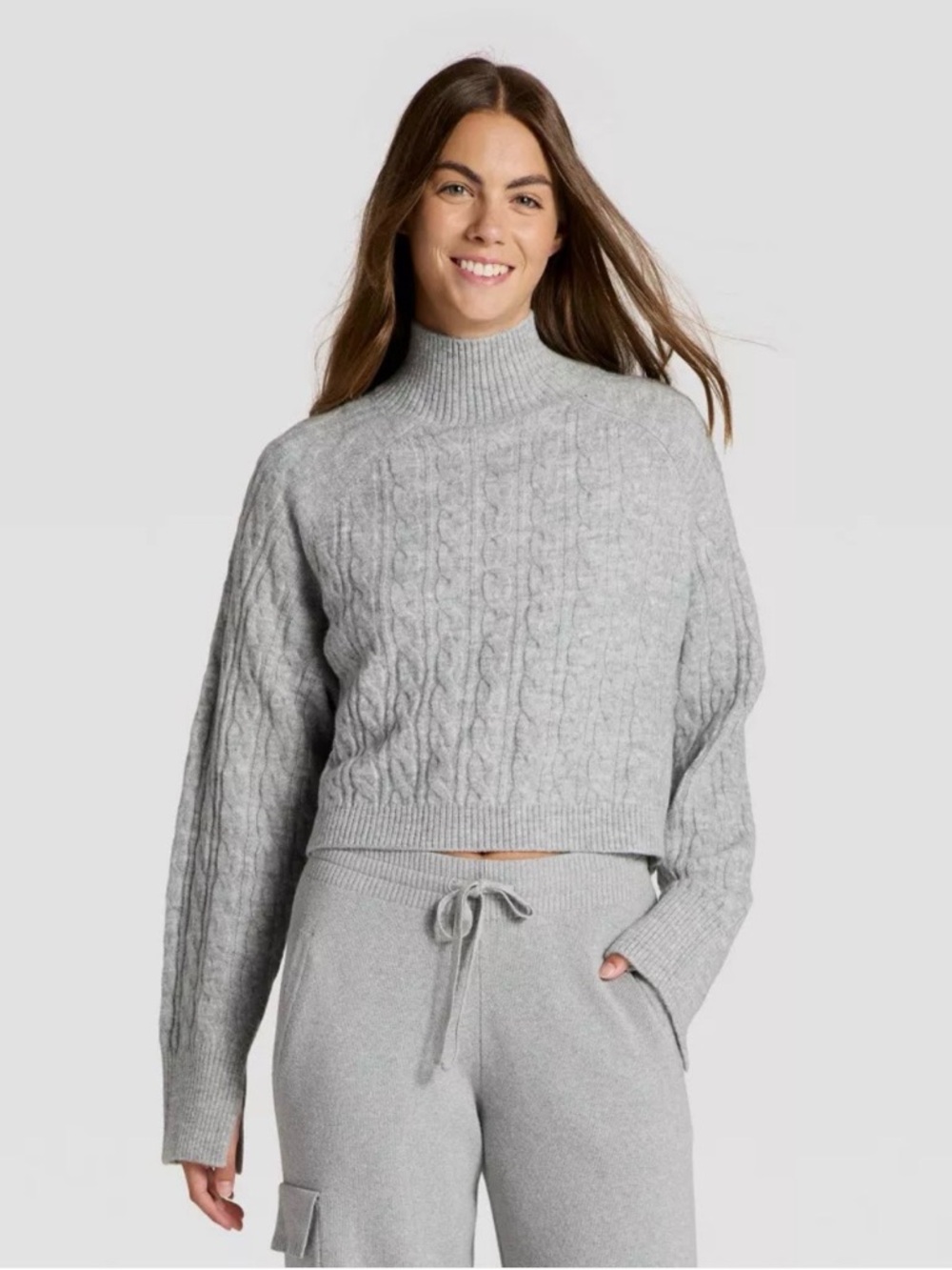 JoyLab Light Gray Cable-Knit Mock Neck Sweater